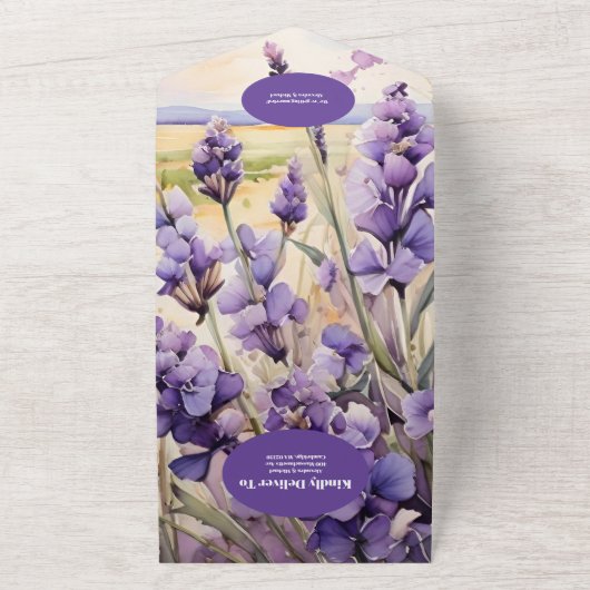 QR Code Unieke bloemenlavendel bruiloft All In One Uitnodiging (Buitenkant)