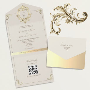 QR Code Vintage Barok Gouden Huwelijk All In One Uitnodiging