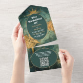 QR Code Vintage Waterverf Hemelbruiloft All In One Uitnodiging (Afscheurbaar)