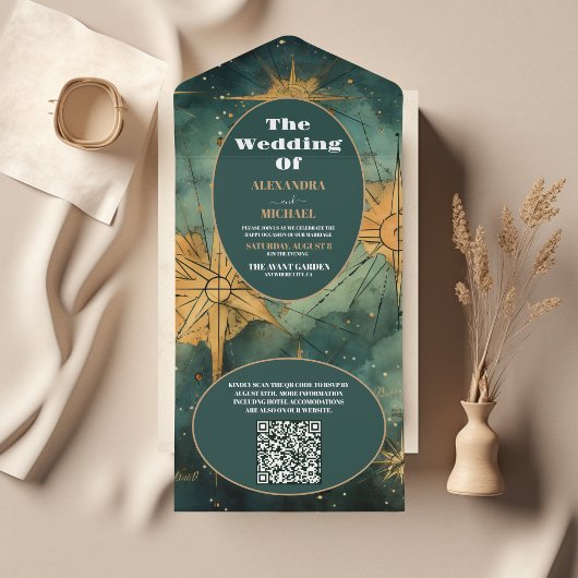 QR Code Vintage Waterverf Hemelbruiloft All In One Uitnodiging