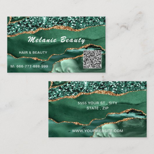 QR Code Visitekaartje Agate Green Gold Glitter (Voorkant / Achterkant)