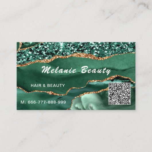QR Code Visitekaartje Agate Green Gold Glitter (Voorkant)