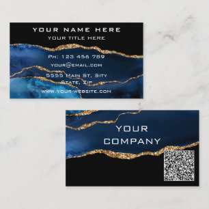 QR Code Visitekaartje Agate Navy Blue Gold Glitter
