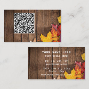 QR Code Visitekaartje herfstbladeren houten plank