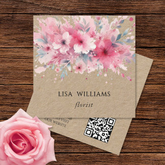 QR Code | Watercolor Pink Flowers Kraft Vierkante Visitekaartje