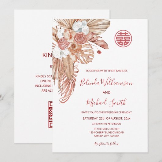 QR-code | Waterverf Boho Flowers Chinees Huwelijk Kaart (Voorkant / Achterkant)