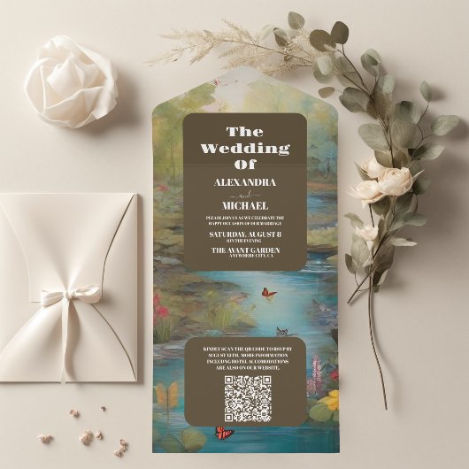 QR Code Waterverf Floral Spring Mountains Bruiloft All In One Uitnodiging