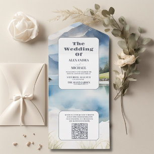 QR Code Waterverf Mountain Meadow Bruiloft All In One Uitnodiging