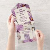 QR Code Waterverf Paarse Orchidee bruiloft All In One Uitnodiging (Afscheurbaar)