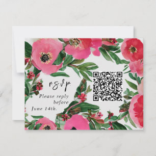 QR Code Waterverf Roze Anemone Weddenschap RSVP Kaartje