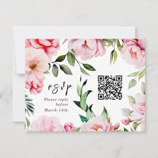 QR Code Waterverf Roze Pioen Bruiloft RSVP (Voorkant)