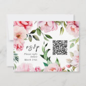 QR Code Waterverf Roze Pioen Bruiloft RSVP Kaartje (Voorkant)