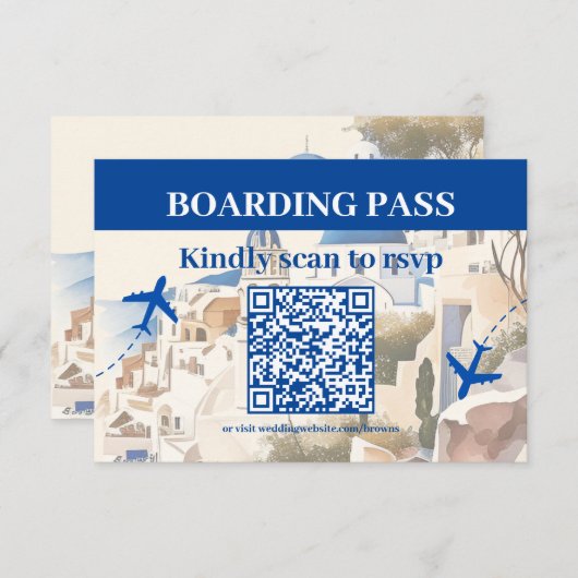 QR Code Waterverf Santorini Bestemmingsbruiloft RSVP Kaartje (Voorkant / Achterkant)