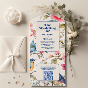QR Code Waterverf Vogels Pioen Chinoiserie Tuin All In One Uitnodiging