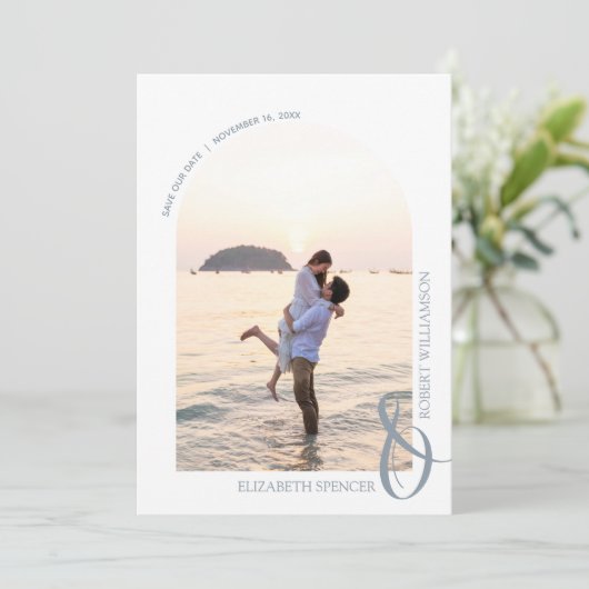 QR Code Weddenschap Foto Dusty Blue Save The Date (Staand voorkant)