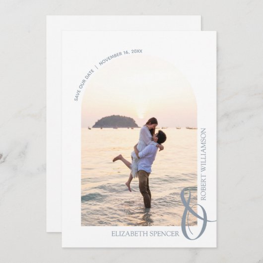 QR Code Weddenschap Foto Dusty Blue Save The Date (Voorkant / Achterkant)