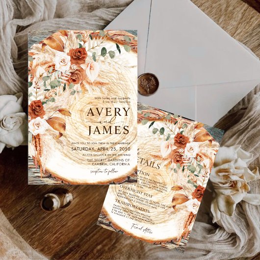 QR Code Wedding Invitation Boho Pampas Wood Slice 