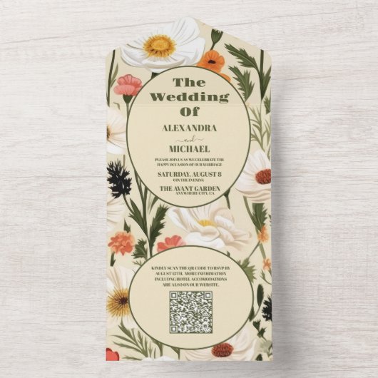 QR Code Whimsical Wildflower Meadow Bruiloft All In One Uitnodiging (Binnen)