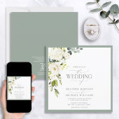 QR Code White Grey Green Floral Waterverf Script Kaart