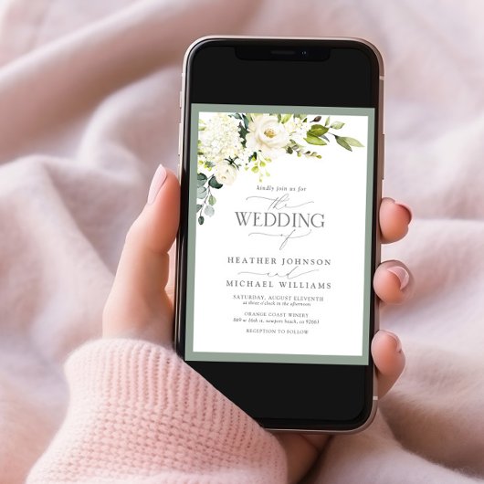 QR Code White Grey Green Floral Waterverf Weddensc Kaart