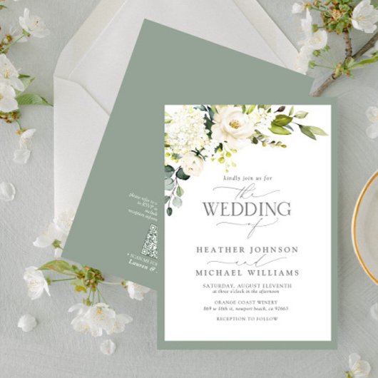 QR Code White Grey Green Floral Waterverf Weddensc Kaart