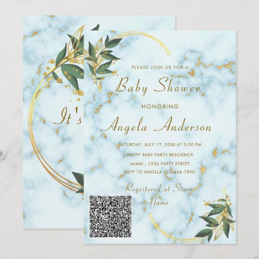 QR-code White Marble Baby Girl Shower Notitiekaartje (Voorkant / Achterkant)