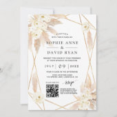 QR Code White Roses Pampas Grass Gold Weddenschap Kaart (Voorkant)