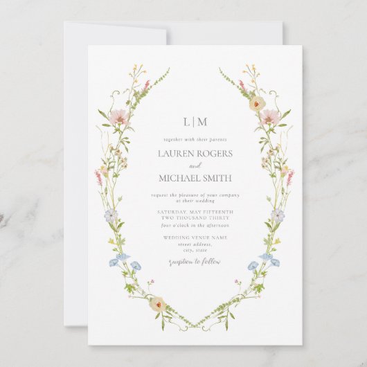 QR Code  Wildflower Garden Monogram Bruiloft Kaart (Voorkant)