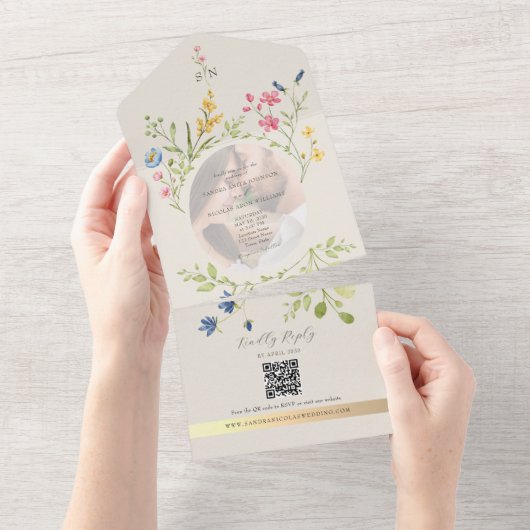 QR Code Wildflower Photo Wedding All In One Uitnodiging (Afscheurbaar)