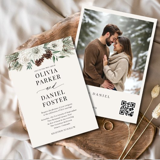 QR-code Winter Foto Elegante Evergreen Trouwkaart Kaart