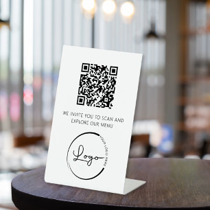 QR Code Wit Menu Logo Modern Restaurant Reclamebord Met Voetstuk