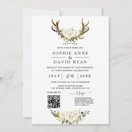 QR Code Witte Aquarel Bloemen Antlers Huwelijk Kaart (Voorkant)