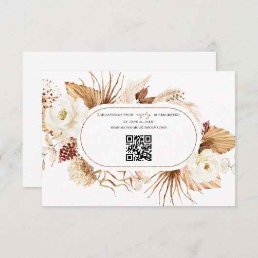 QR Code Witte Bloemen Pampas Gras Verjaardagsreact RSVP Kaartje (Voorkant / Achterkant)