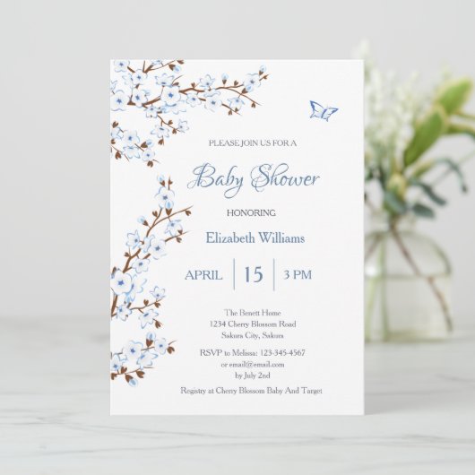 QR-code | Witte kersenbloesem Baby shower Kaart (Staand voorkant)