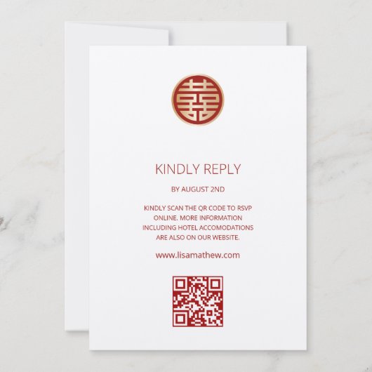 QR-code | Witte pioen Chinese bruiloft Kaart (Achterkant)