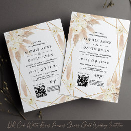 QR Code Witte Rozen Pampas Gras Gouden Bruiloft  Kaart