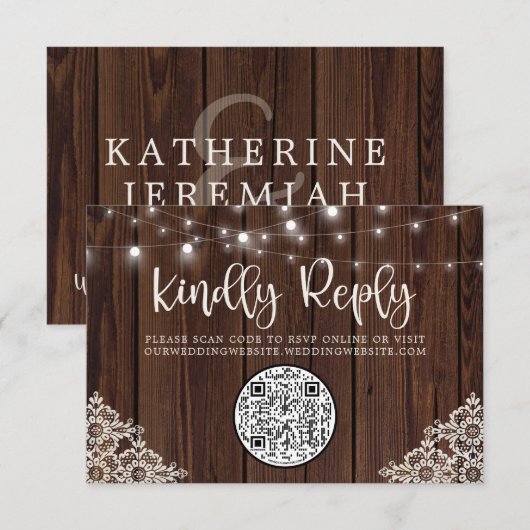 QR Code Wood String Lights Lace Weddenschap RSVP Kaartje (Voorkant / Achterkant)