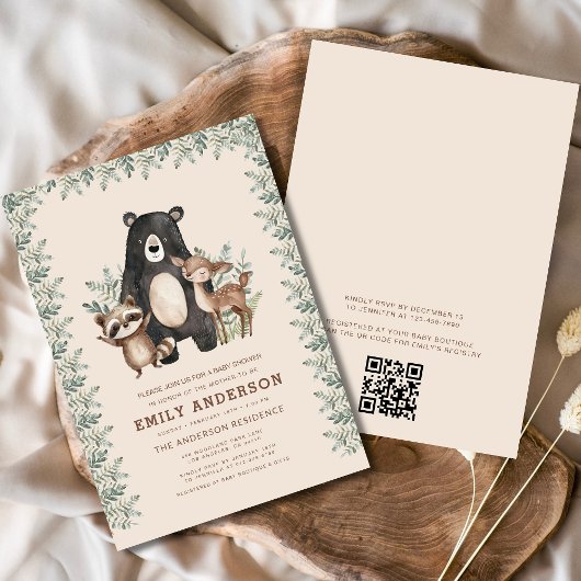 QR Code Woodland Forest Animals Baby shower Kaart