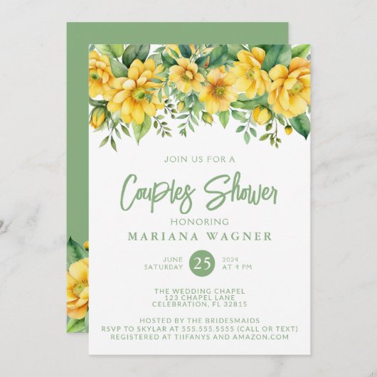 QR Code Yellow Sage Floral Couples Shower Kaart (Voorkant / Achterkant)