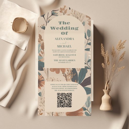 QR Code Zachte gedempte aardetinten Wildbloemen Br All In One Uitnodiging