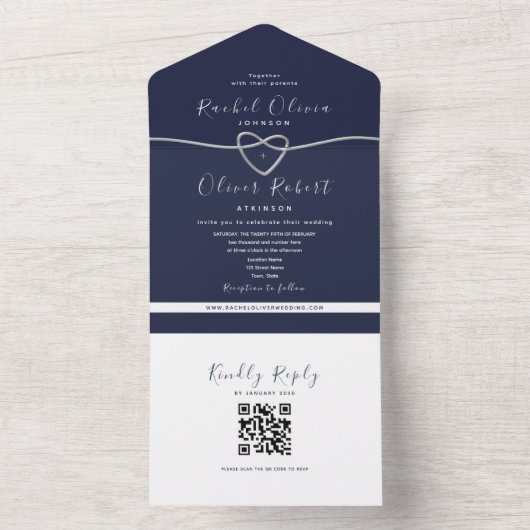 QR Code Zilver Marine Blauw Huwelijk All In One Uitnodiging (Binnen)