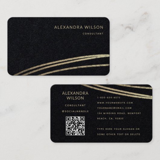 QR Code Zwart Goud Handtekening Elegant Profession Visitekaartje (Voorkant / Achterkant)