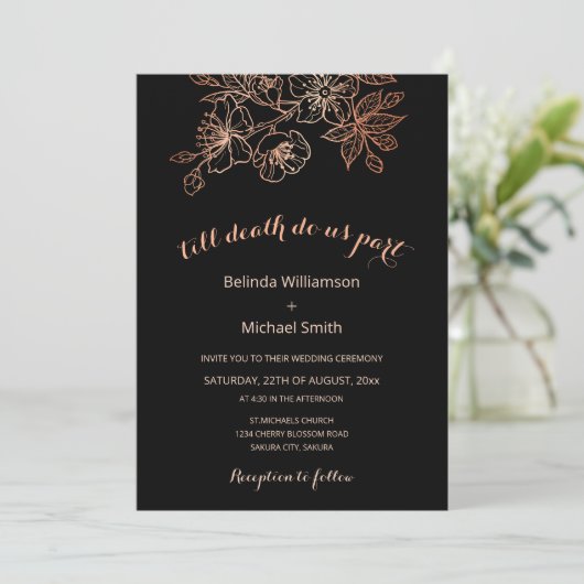 QR-code | Zwart Koper Bloemmotief | Goth Huwelijk Kaart (Staand voorkant)