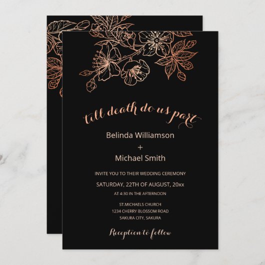 QR-code | Zwart Koper Bloemmotief | Goth Huwelijk Kaart (Voorkant / Achterkant)