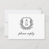 QR Code Zwart Wit Crest Monogram Huwelijk RSVP Kaartje (Voorkant)