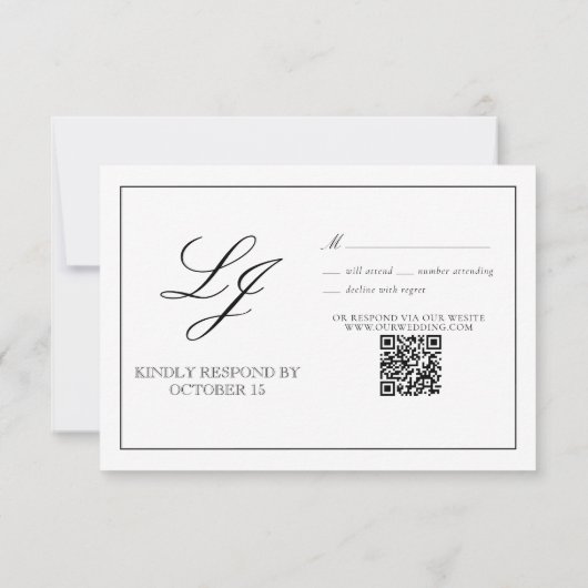 QR-code Zwart-witkalligrafie Monogram bruiloft RSVP Kaartje (Achterkant)