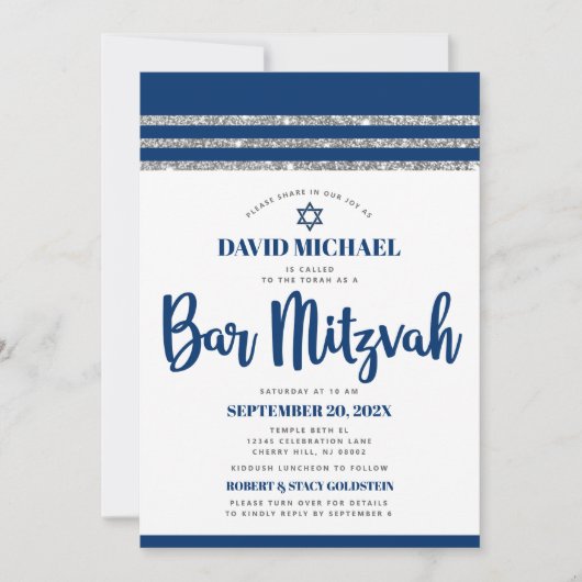 QR-codebalk Mitswa Navy Silver Tallit Bold Script Kaart (Voorkant)