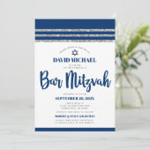 QR-codebalk Mitswa Navy Silver Tallit Bold Script Kaart (Staand voorkant)