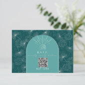 QR-codeboog Blauwgroen tropische palmbruiloft RSVP Kaartje (Staand voorkant)