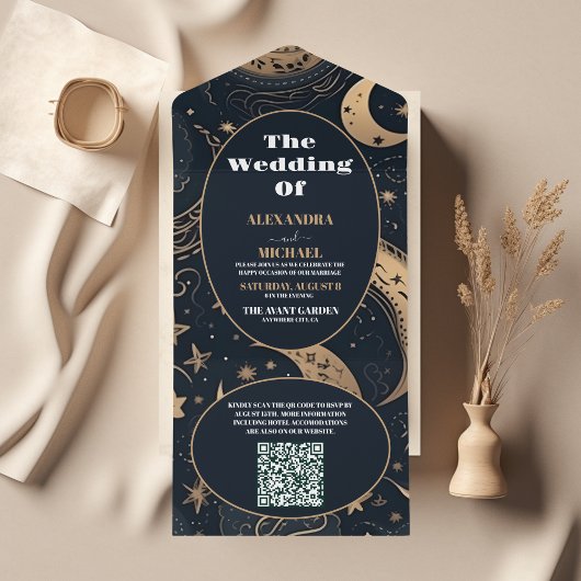 QR CodeMidnight Blue Goud Hemelse Bruiloft All In One Uitnodiging